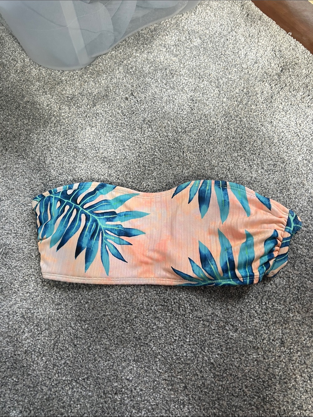 Strapless Tropical Print Bandeau Swim Top - Peach/Blue